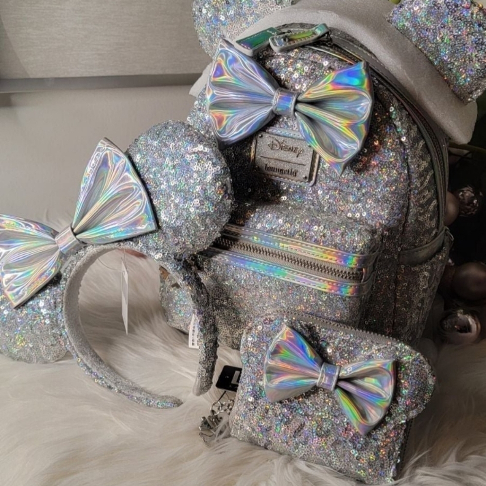 Set of 3!Silver Holographic Sequin Loungefly Backpack&Wallet&Ears